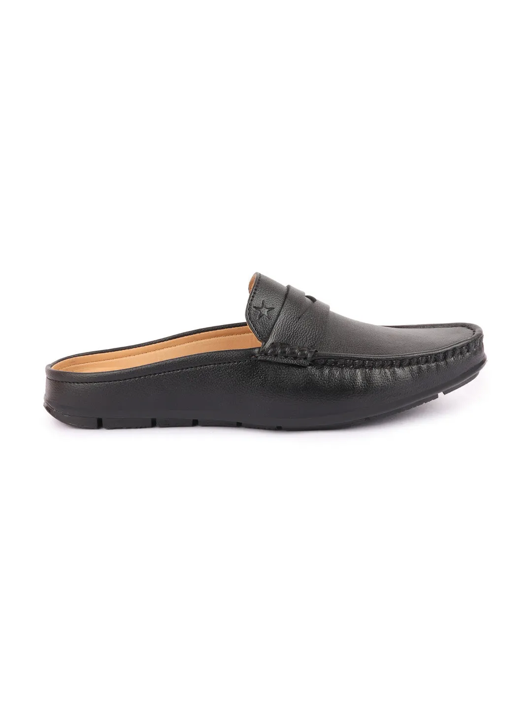 Men Black Slip On Back Open Stitched Mules Casual Shoes