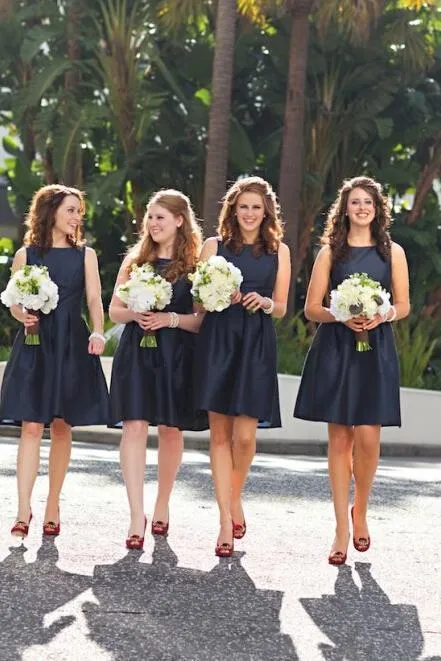 Mini A line Dark Navy Jewel Sleeveless Above Knee Satin Short Bridesmaid Dresses