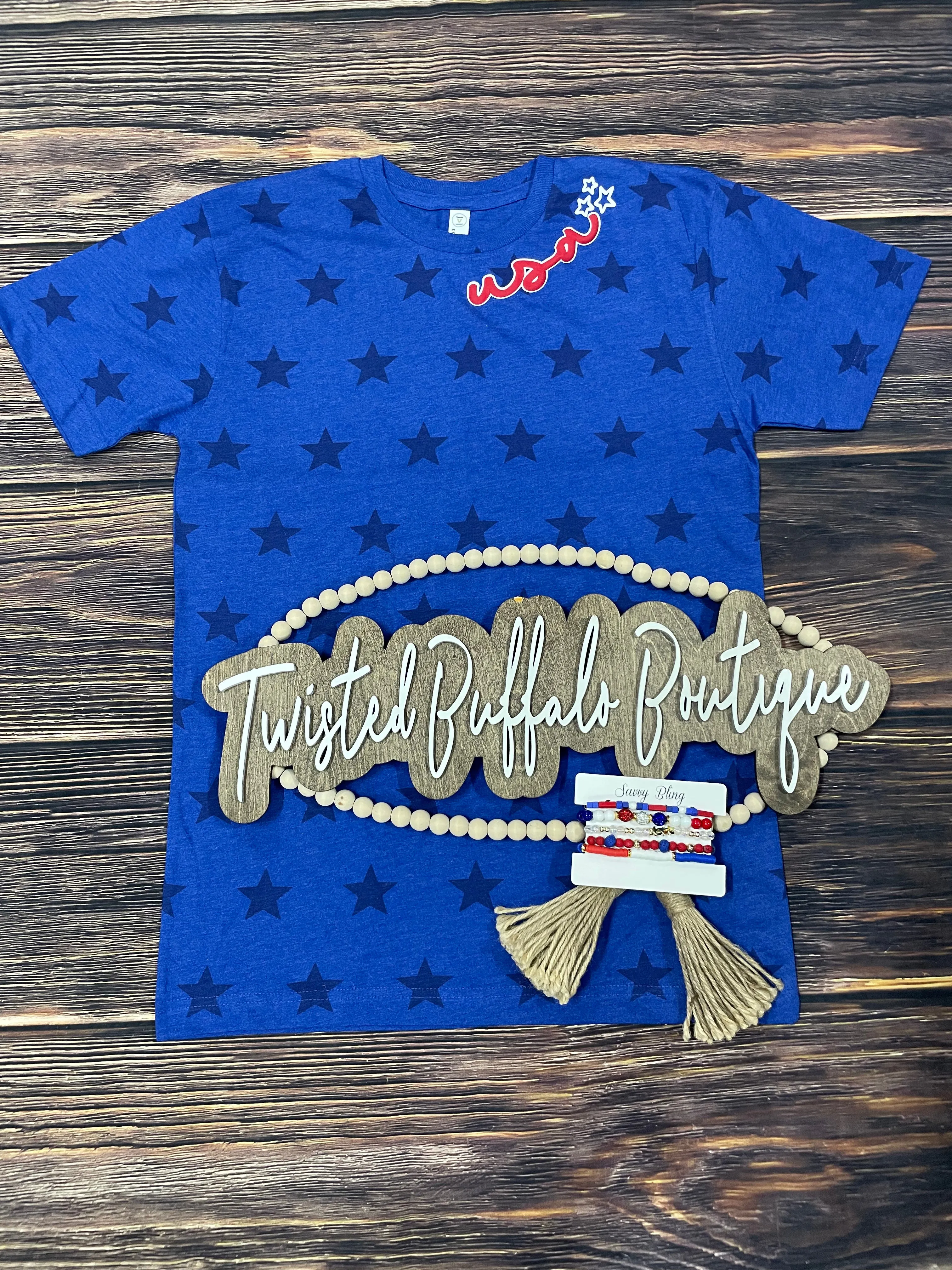 {OLD GLORY} USA Puff Ink Royal Blue Stars Crew Neck Tee