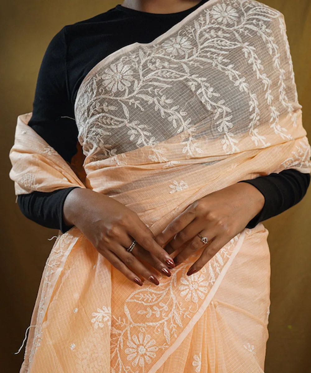 Peach white cotton hand embroidered chikankari saree