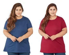 Plus Size Plain Cotton T-Shirts For Women Pack of 2 (Plum & Mix Navy)