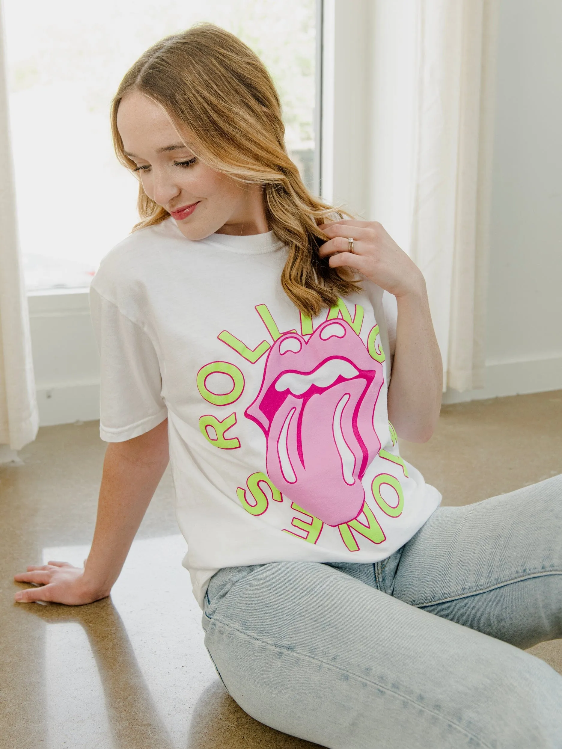 Rolling Stones Neon Puff Classic Lick Comfort Wash White Tee