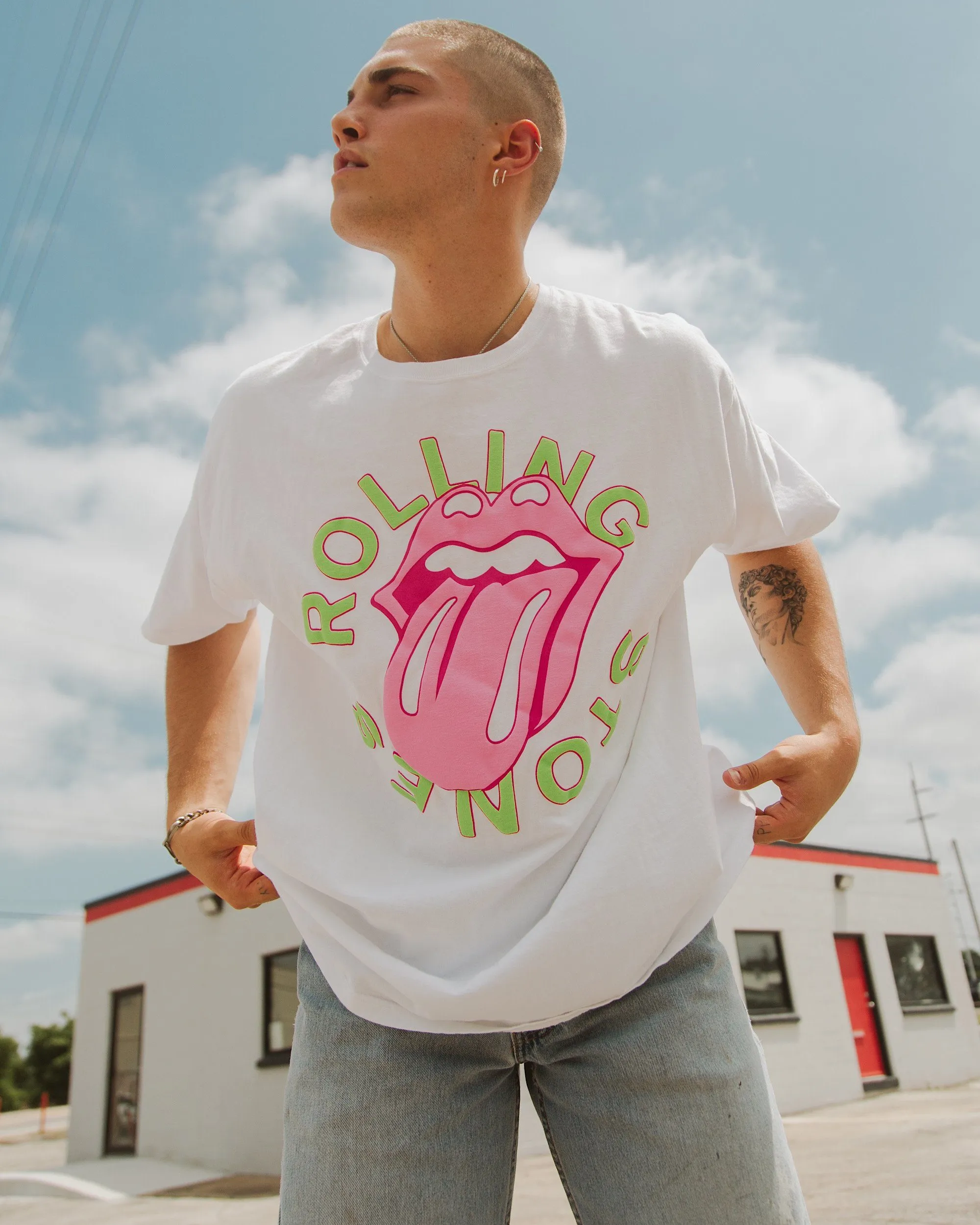 Rolling Stones Neon Puff Classic Lick Comfort Wash White Tee