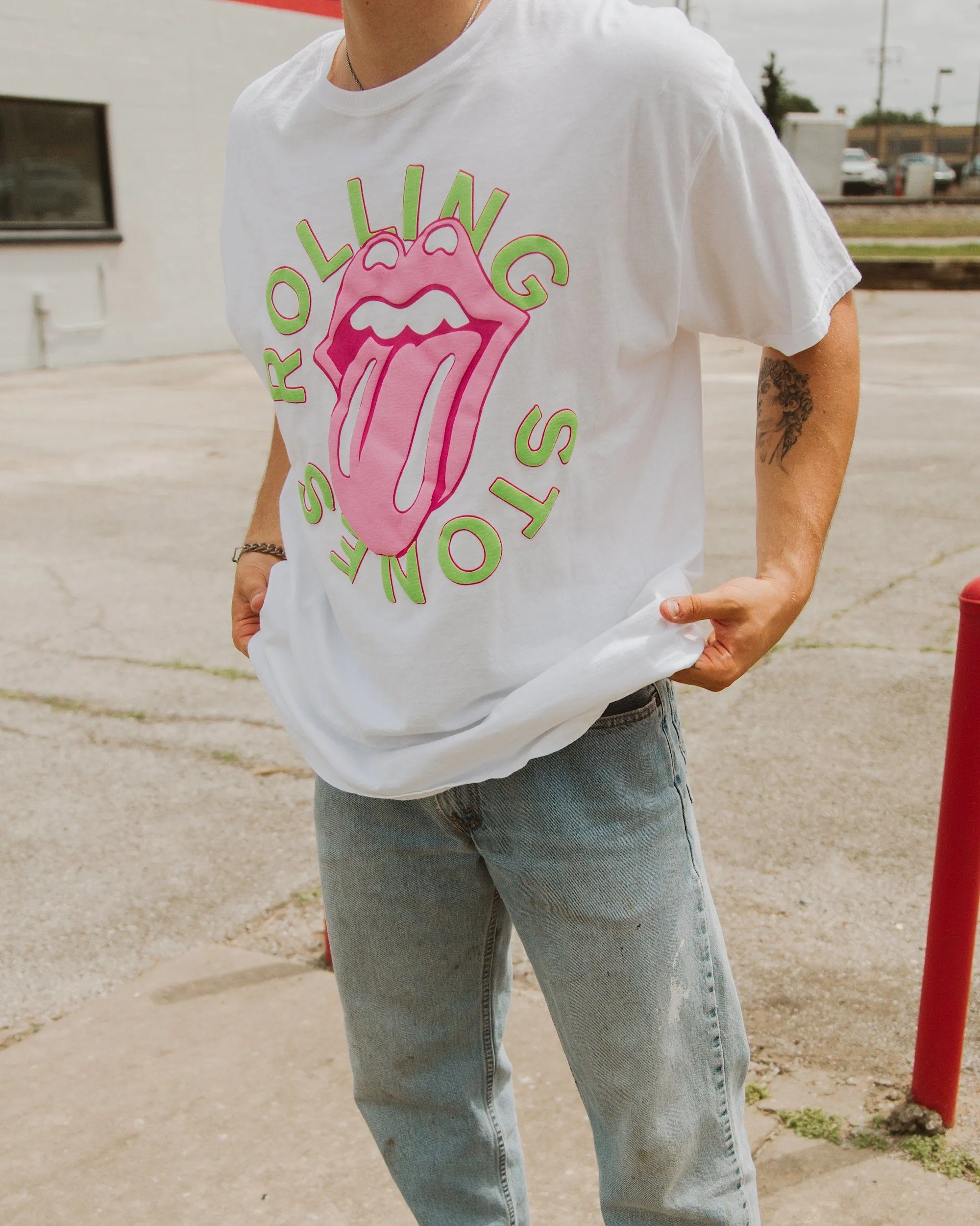 Rolling Stones Neon Puff Classic Lick Comfort Wash White Tee