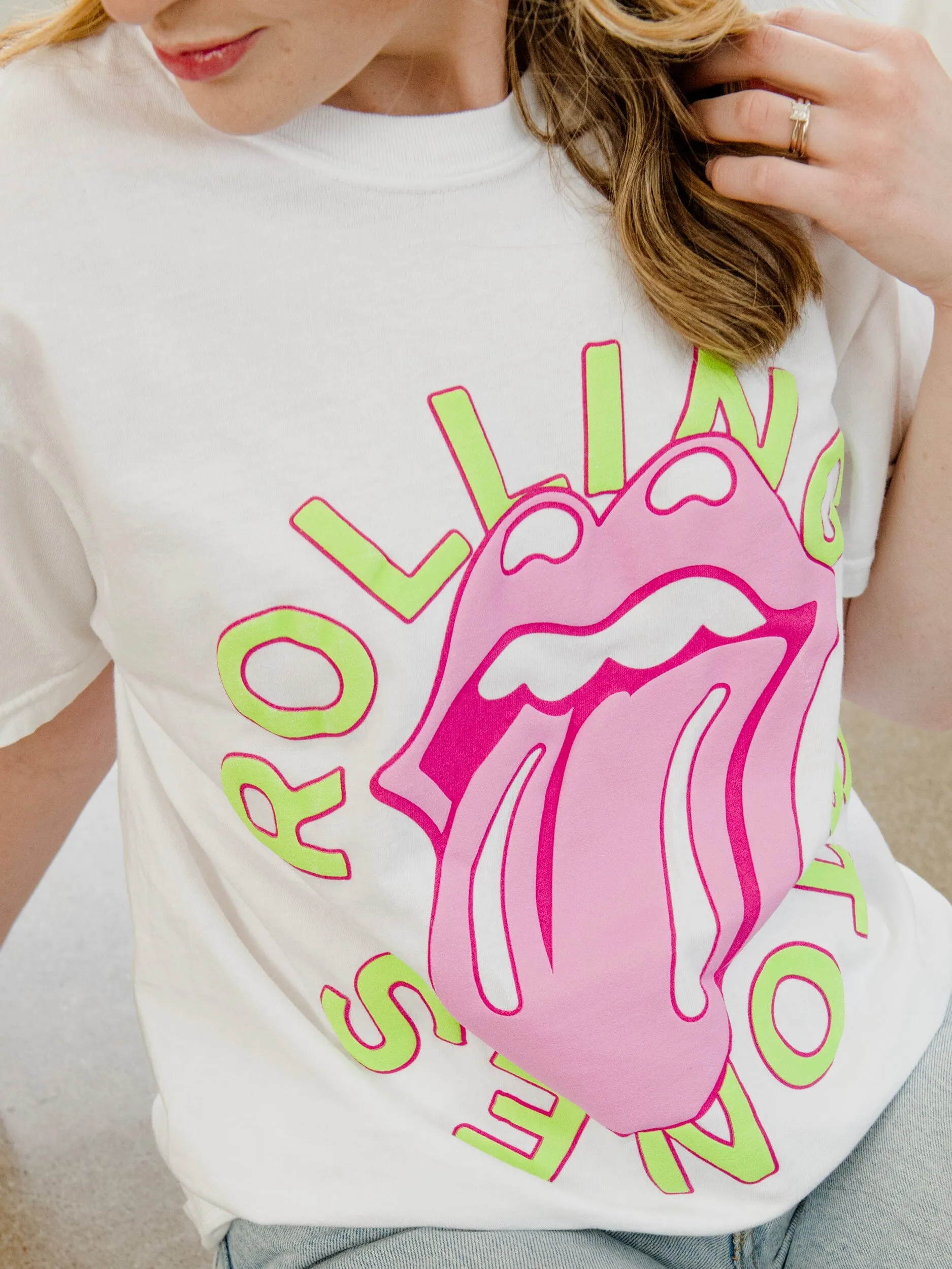 Rolling Stones Neon Puff Classic Lick Comfort Wash White Tee