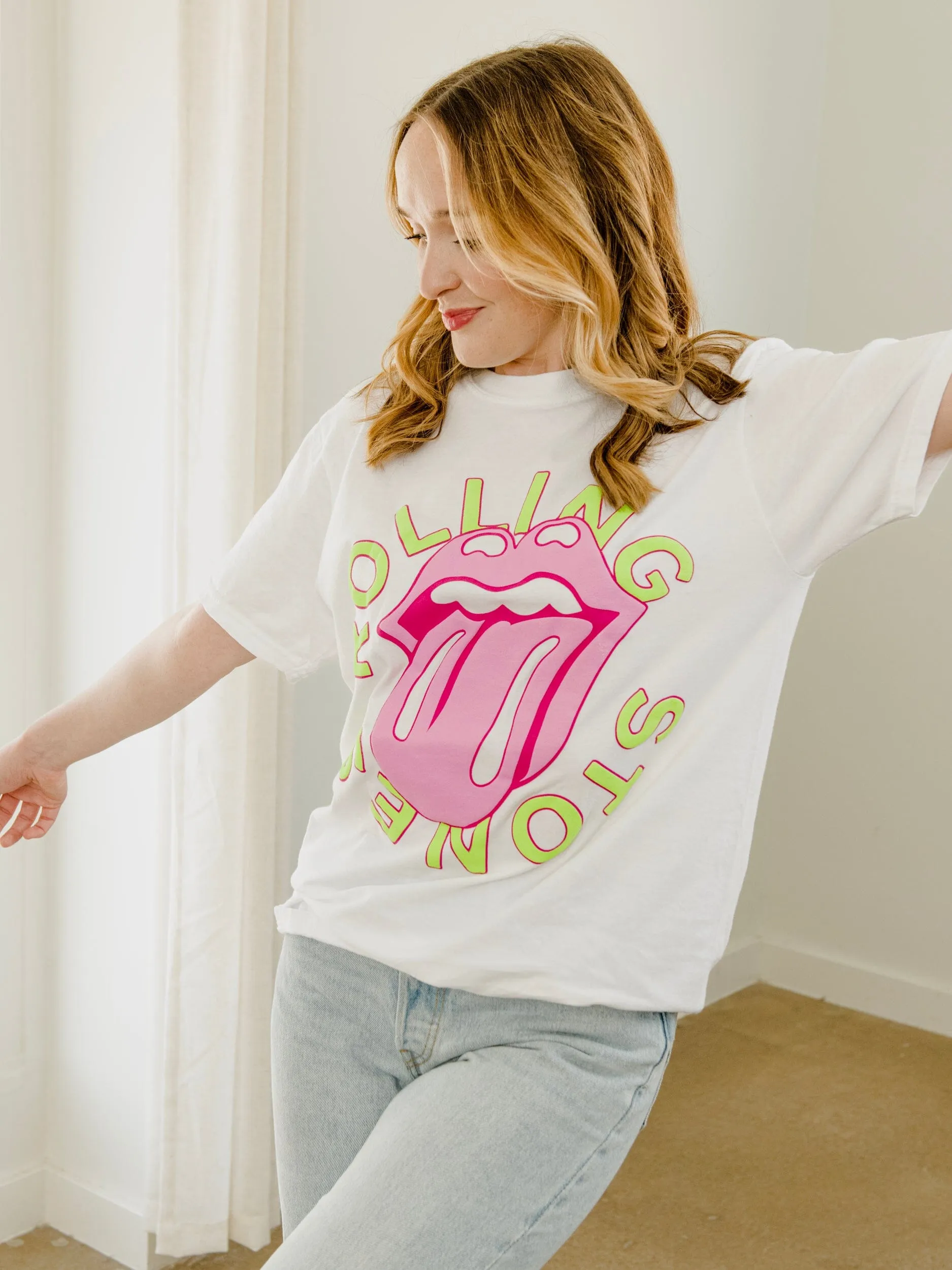 Rolling Stones Neon Puff Classic Lick Comfort Wash White Tee