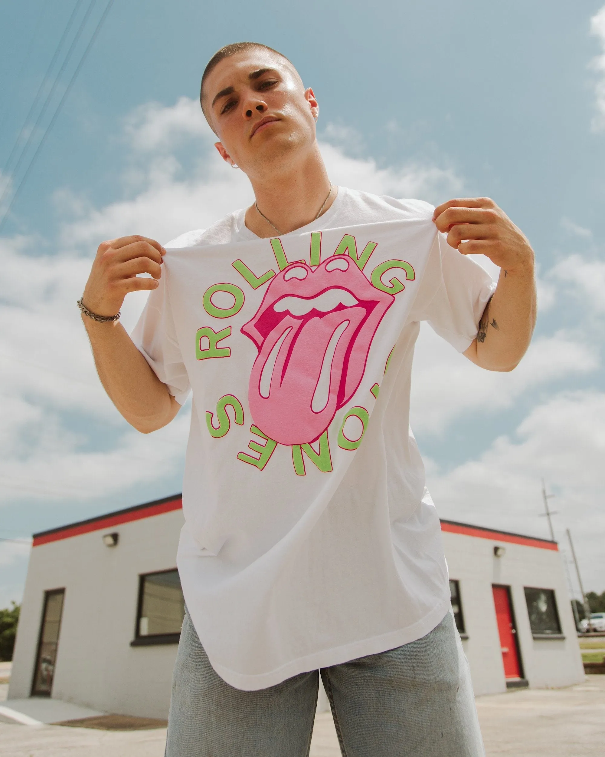 Rolling Stones Neon Puff Classic Lick Comfort Wash White Tee