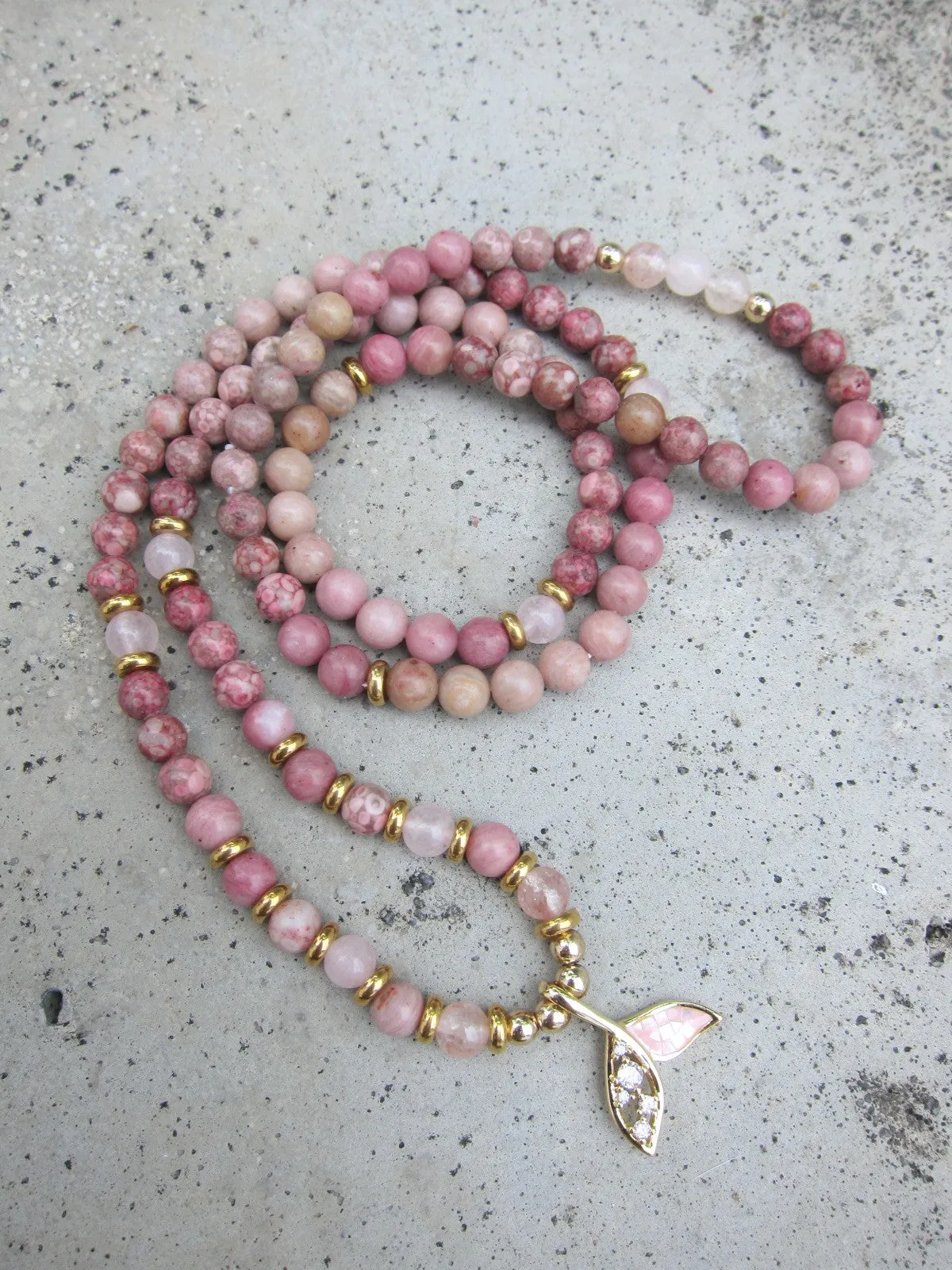 Rose Quartz, Rhodonite, Fossil Jasper Single Mala Bracelets