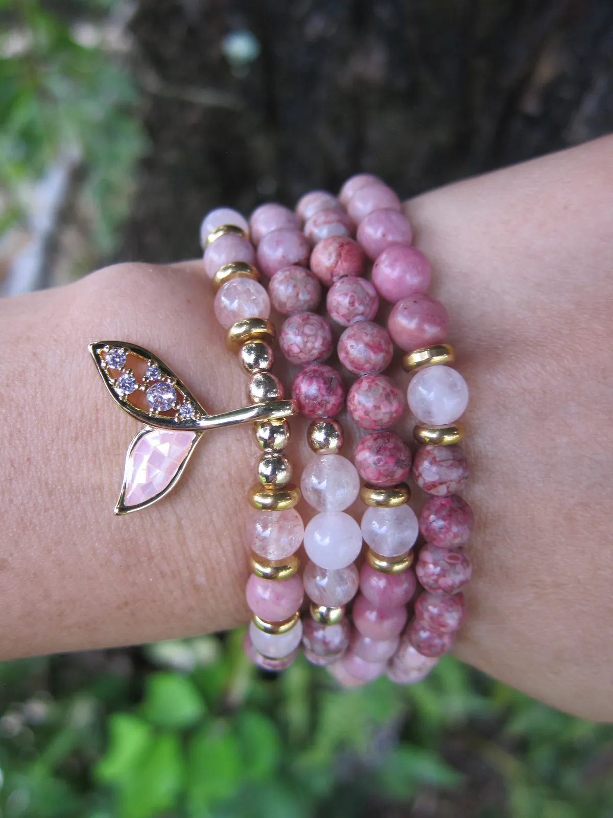 Rose Quartz, Rhodonite, Fossil Jasper Single Mala Bracelets