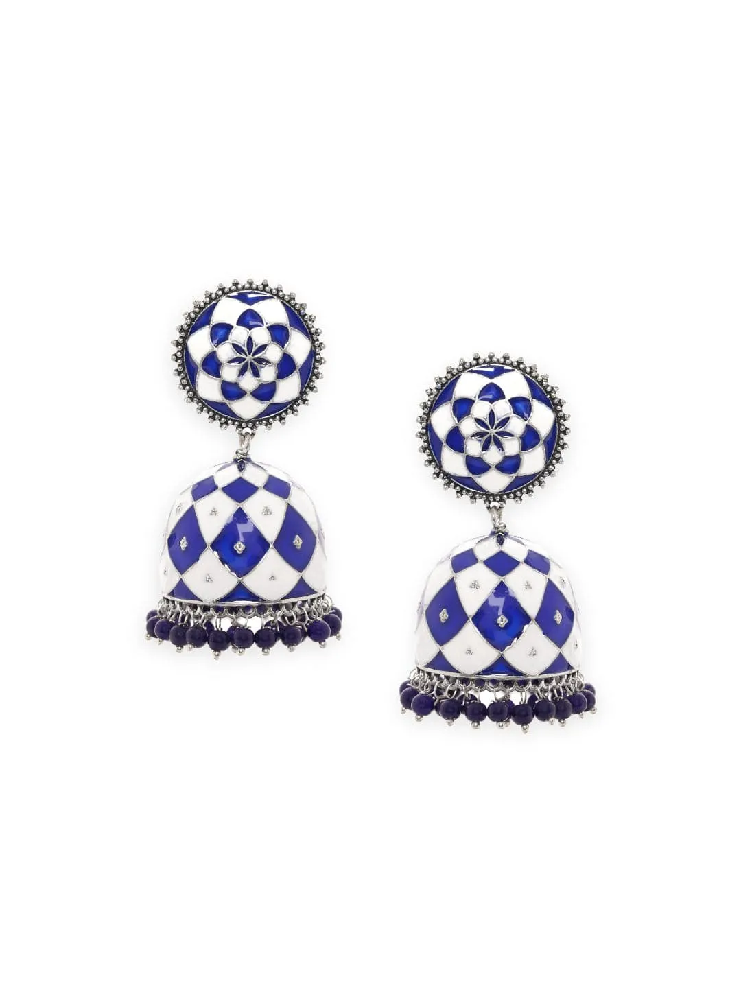 Rubans Oxidized silver Blue & White enamel Blue beaded Statement Jhumka Earrings