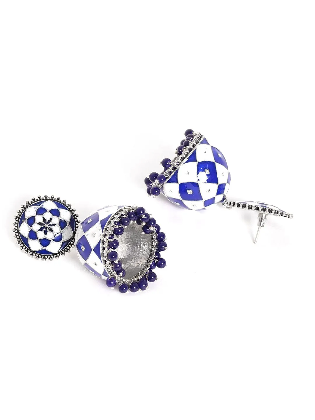 Rubans Oxidized silver Blue & White enamel Blue beaded Statement Jhumka Earrings