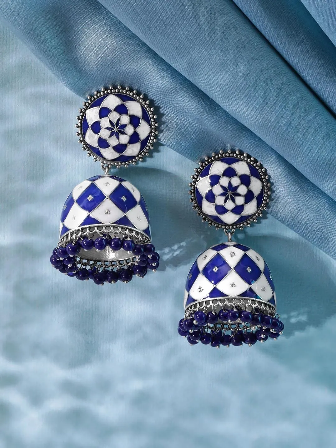 Rubans Oxidized silver Blue & White enamel Blue beaded Statement Jhumka Earrings