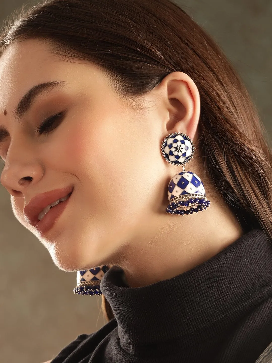 Rubans Oxidized silver Blue & White enamel Blue beaded Statement Jhumka Earrings