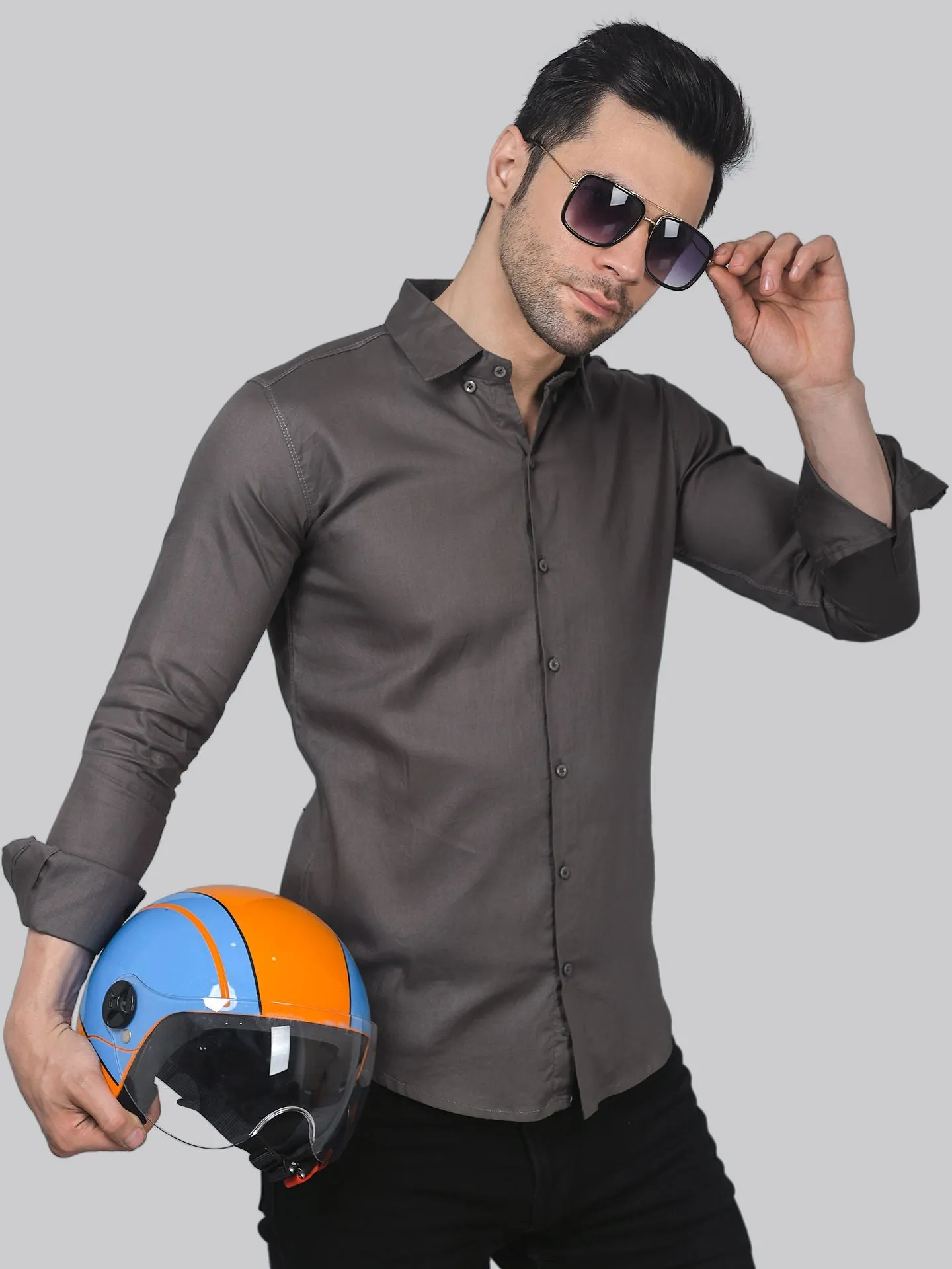 Sporty-luxe TryBuy Premium Grey Cotton Button-Up Shirt For Men