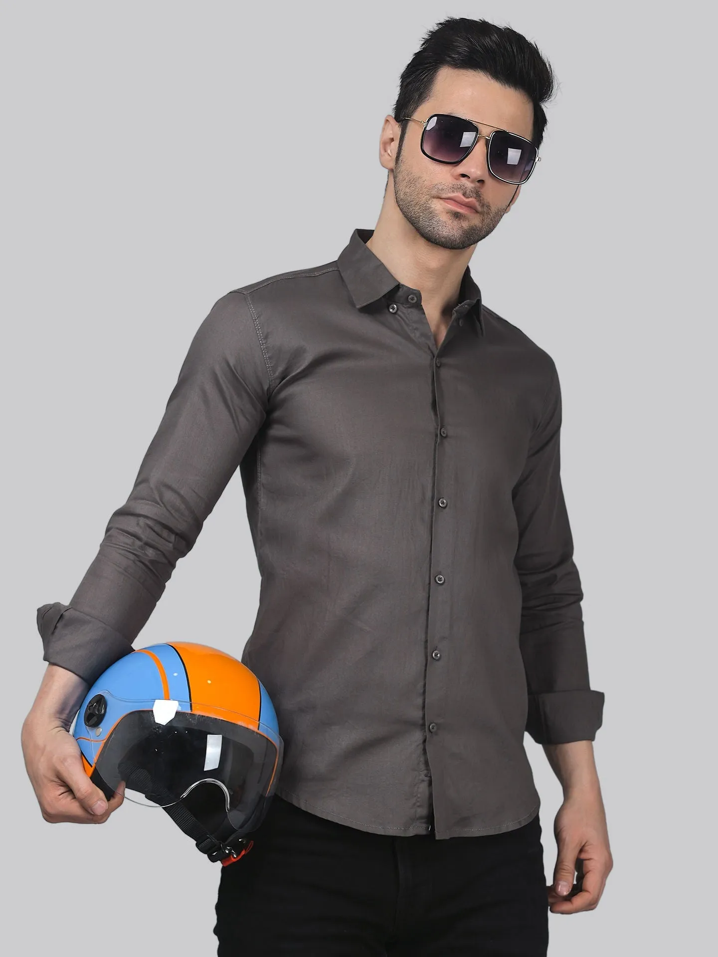 Sporty-luxe TryBuy Premium Grey Cotton Button-Up Shirt For Men