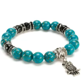 Turquoise 10mm Gemstone Elastic Bead Bracelet with Owl Accent Bead