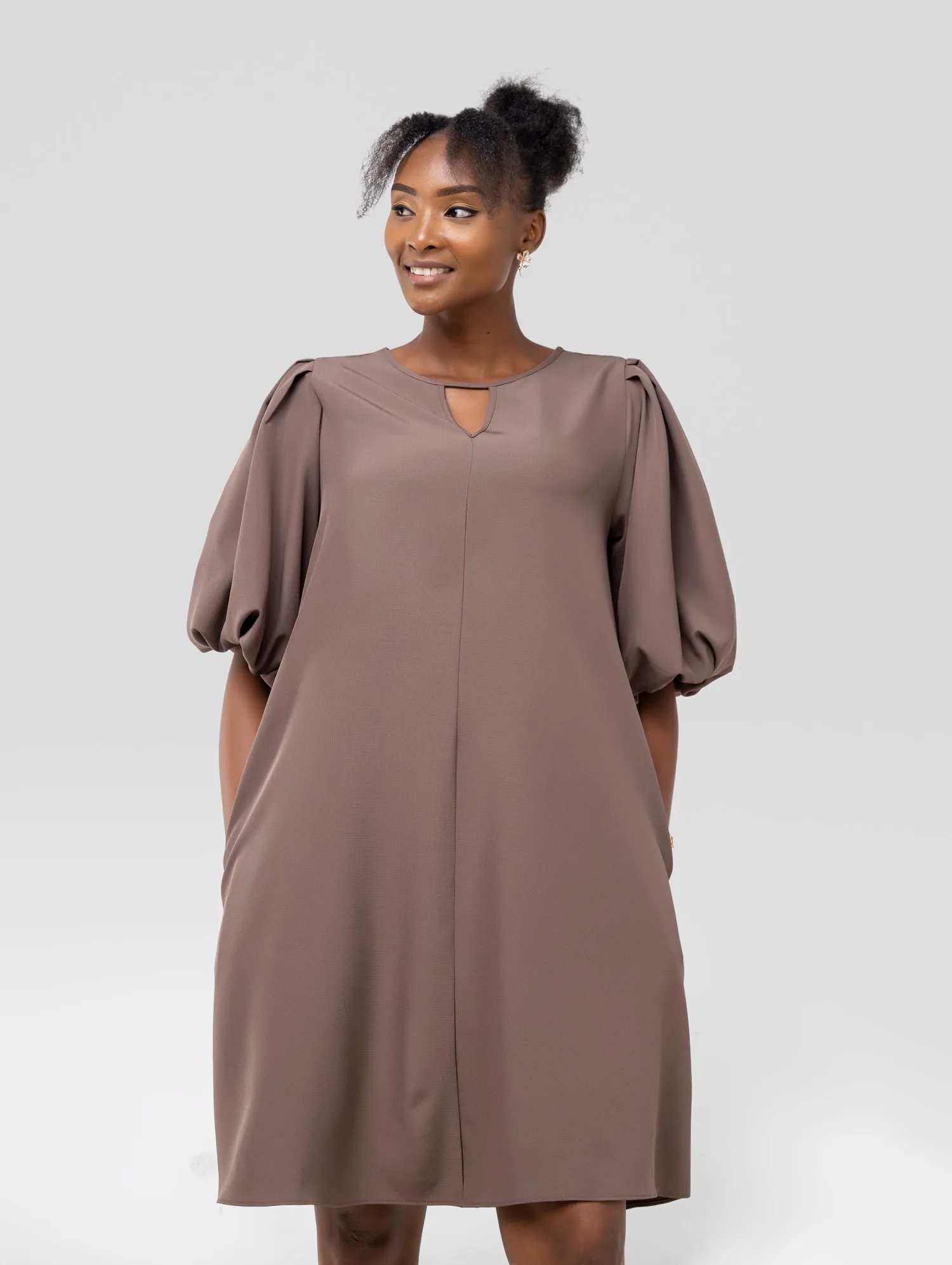 Vivo Esna Puff Sleeve Tent Dress - Dark Taupe