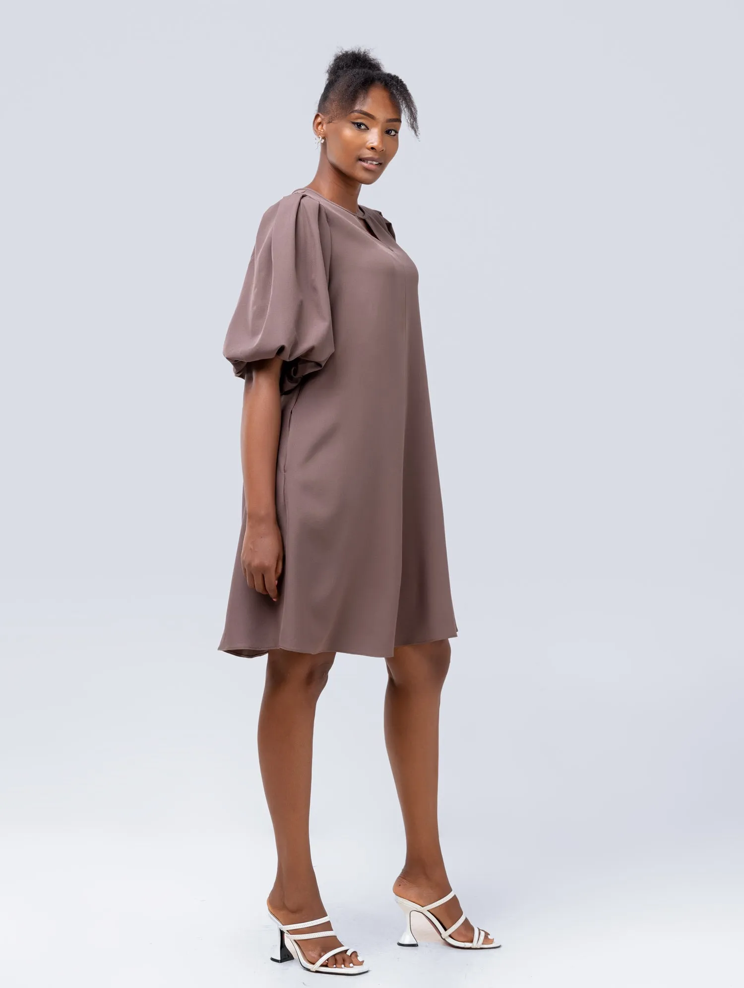 Vivo Esna Puff Sleeve Tent Dress - Dark Taupe