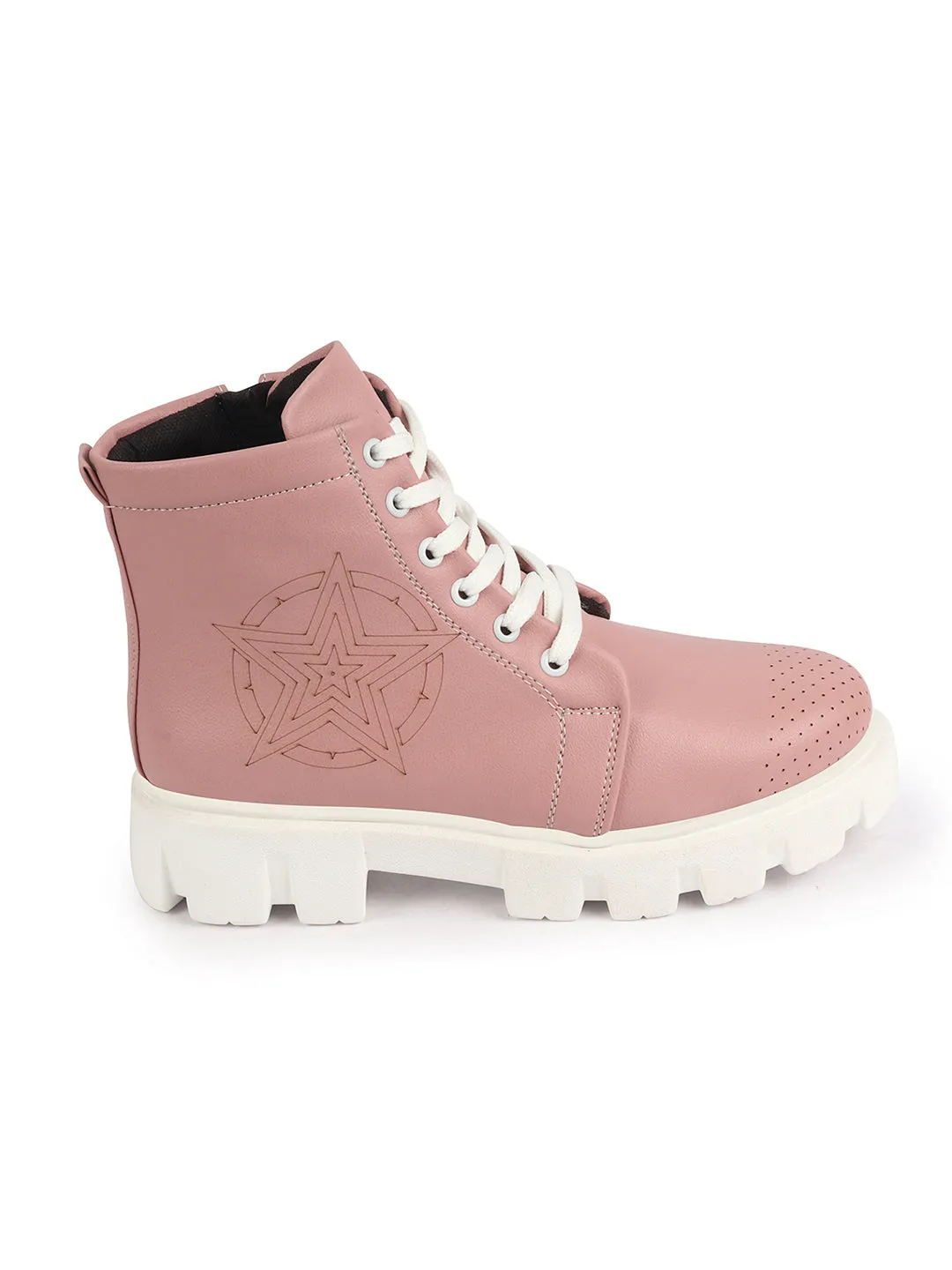 Women Peach Outdoor Winter High Top Chunky Lace Up Casual Boots