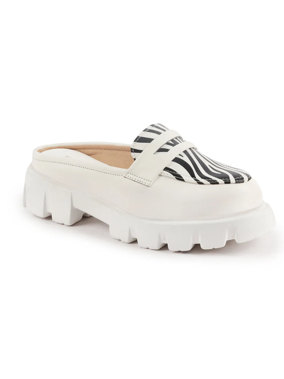 Women White Stiched Zebra Striped Print Back Open Party Slip On Casual Shoes